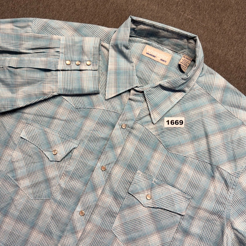 Wrangler Wrancher Mens XXL Blue White Plaid Western Pearl Snap Shirt Long Sleeve
